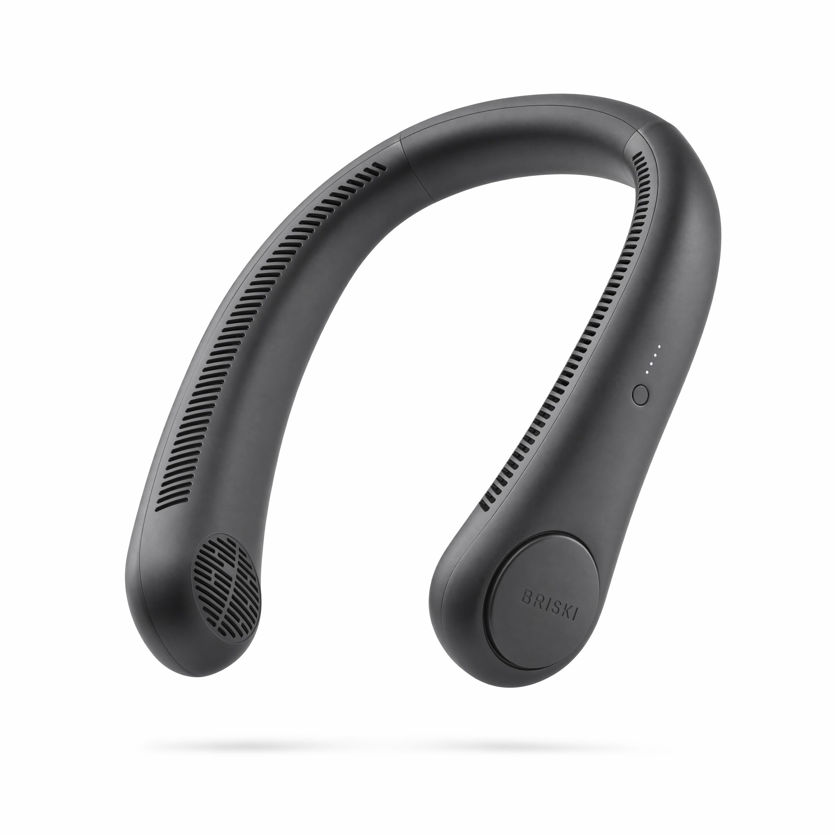 BRISKI matte black bladeless neck fan worn around the neck — hands-free portable cooling