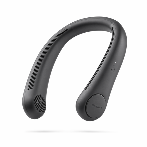 BRISKI matte black bladeless neck fan worn around the neck — hands-free portable cooling