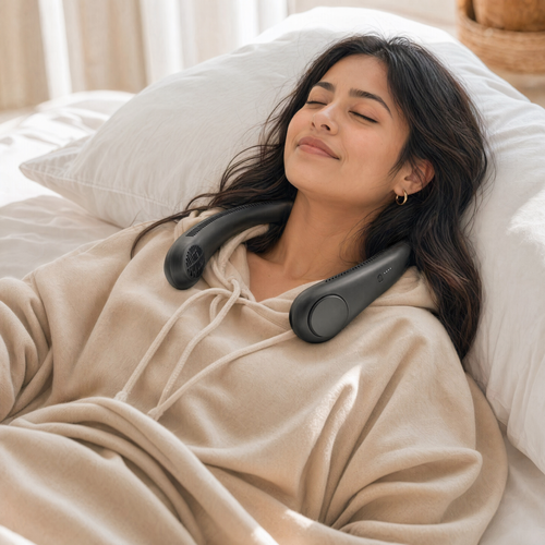 Woman sleeping peacefully wearing BRISKI matte-black neck fan — quiet enough for 3am hot flash relief